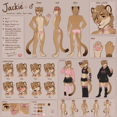 A male anthropomorphic twink femboy mountain lion named Jackie, reference sheet, animated version