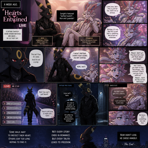 In a well-made anthro Pokemon universe, an non-rich grown brave male half gothic Umbreon named Noir refuses to accept the sham date with a grown richest male Sylveon (the spoiled careless Barron named Lysander) on a live dating fantasy show (in modern life) a week ago and then decided to leave while being begged not to go because love isn’t here. A well-made animated version. A sad but a good truthful ending. A comic.