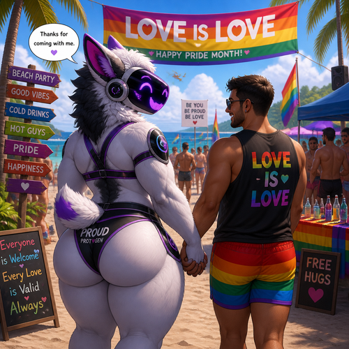 A well-made homosexual fluffy gay Protogen adult male that wears a swimsuit and has thick thighs and a big round buttocks also has a short tail who’s invited a man into a party at the beach and has both nice views where love is love in pride month.