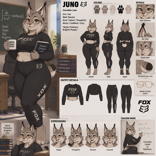 A plump female anthropomorphic Canadian Lynx named Juno, has cheek ruffs and ear tufts like a normal lynx, is wearing a long sleeve crop top and black leggings, both her crop top and leggings are fox racing brand, wears glasses, her glasses are gold aviator frames, is a math teacher, is in a room alone, animated version, reference sheet, one big picture 