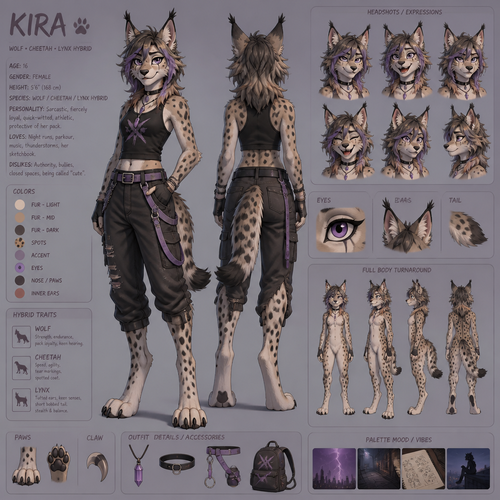 A female teenage anthropomorphic wolf cheetah and lynx hybrid, reference sheet, animated version 