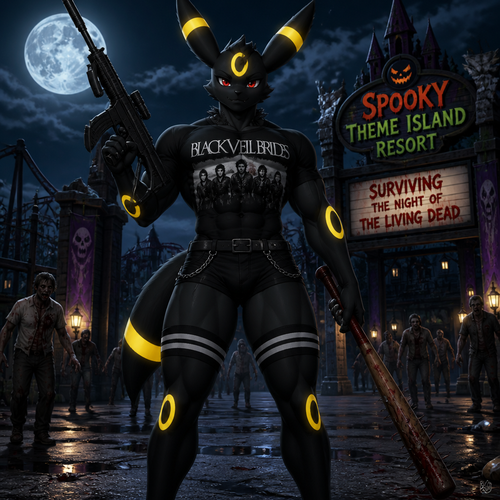 A well-made homosexual male anthro Umbreon with thigh highs and buttocks also wears a T-shirt that says Black veil Brides, surviving the night of the living dead at the spooky theme island resort. Well-made animated version. Has a tail on a tailbone. Has agility and endurance. Learned how to use melee and firearm weapons. Front View.