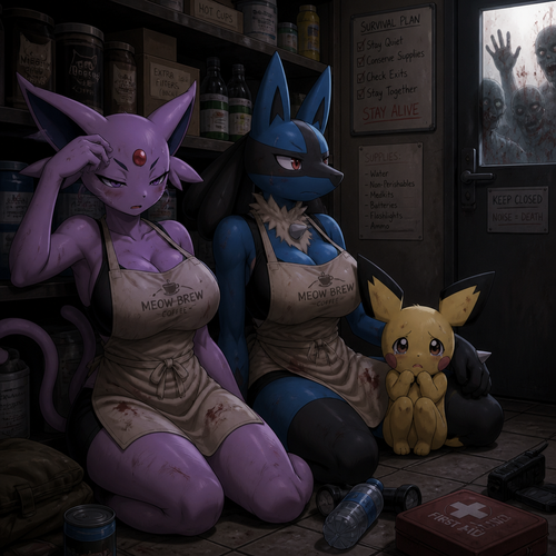 Both anthro busty female Espeon and a busty female Lucario that both wears a apron and used to overworked inside of a coffee shop but now a survivors that must survive despite the fresh start of a outbreak of zombies, sitting next to a scared little Pichu on a floor, acting all hopeless and tired. Anime/Animated version. Safe enough in a pantry. Staying calm and focused on staying alive.