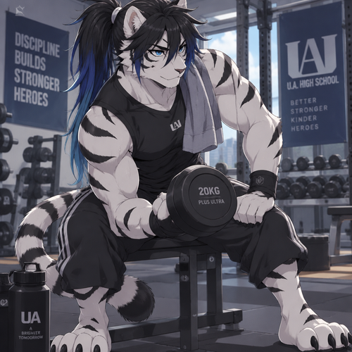 Male, anthro white tiger, digitigrade footpaws, thick black hair with blue tips, hair in a long ponytail, anime style, blue eyes, teenager, modern, My Hero Academia, exercising