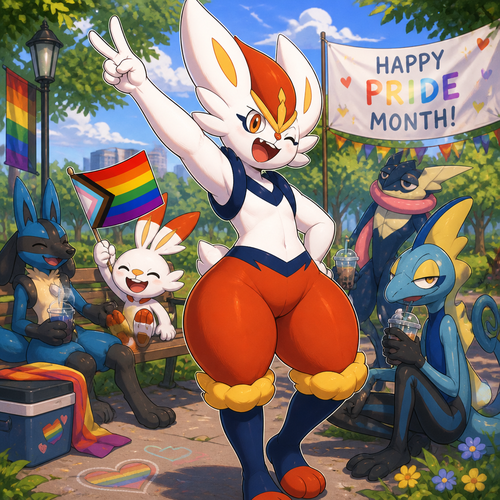 A well-made Pokemon character, Cinderace. Has thick thighs and short tail. Celebrating on today’s pride month. Having a good day. At the park with the guys.