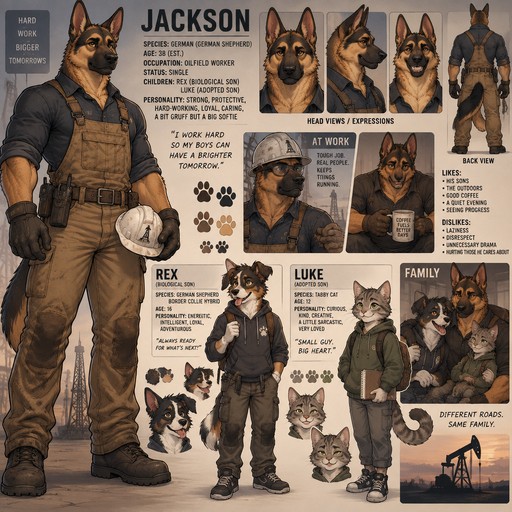 A muscular male anthropomorphic German named Jackson that has a son named Rex and a adopted son named Luke, is a oilfield worker, Rex is a German shepherd and border collie hybrid, Luke is a tabby cat, Jackson is single, reference sheet, one big picture