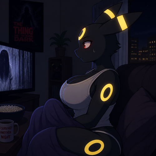 A busty anthropomorphic grownup Umbreon (a female character) that wears a tank-top who’s been all night watching a horror movie at the apartment. Animated version. Side view.