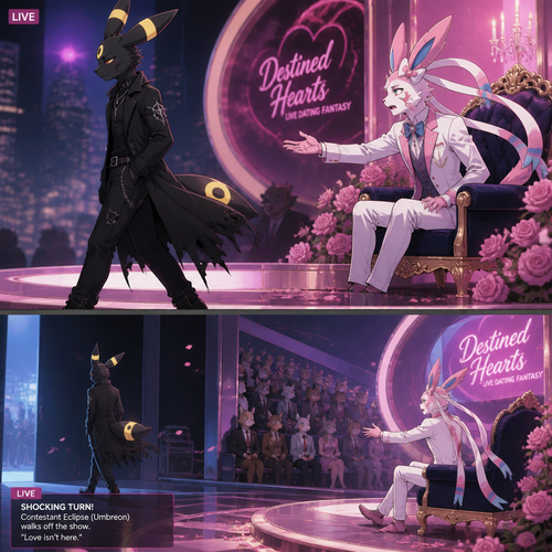 In a well-made anthro Pokemon universe, an non-rich grown male half gothic Umbreon refuses to accept the sham date with a grown richest male Sylveon (the Barron) on a live dating fantasy show (in modern life) and decided to leave because love isn’t here. A well-made animated version. Side view.