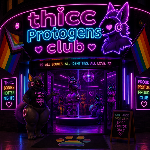 A LGBTQ strip club that says; thicc Protogens club.