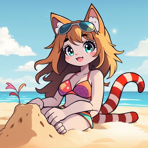 A cute furry cat girl, in a beautiful beach