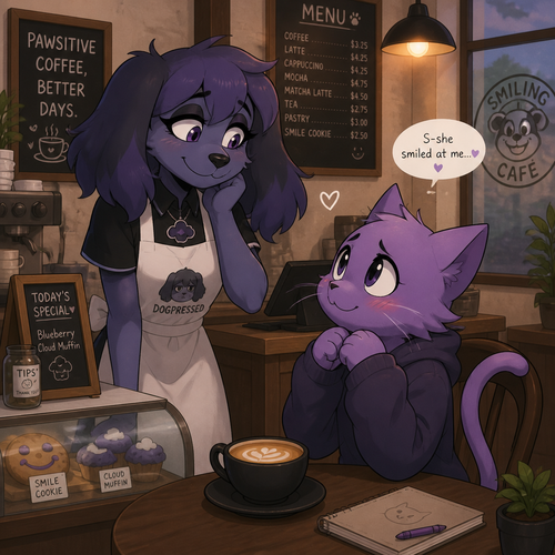 A well-made female anthro character, Dogpressed of the frowning critters from a smiling critters verse, wears a apron, meets a kind shy cat that made her smile. Works at the modern cafe.