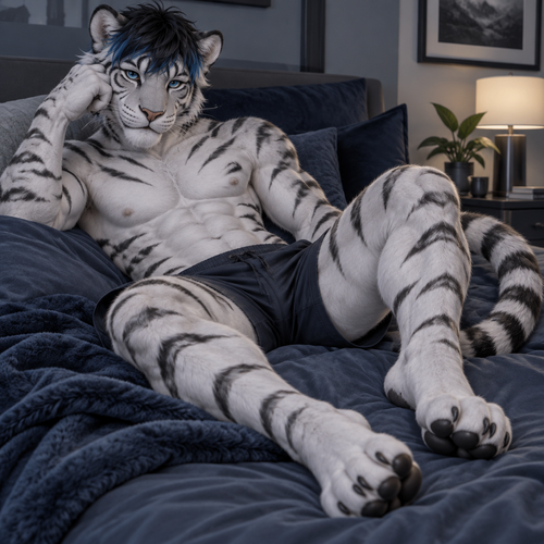 male white tiger, young, blue eyes, short black hair with blue tips, digitigrade feet, curled toes, on a bed
