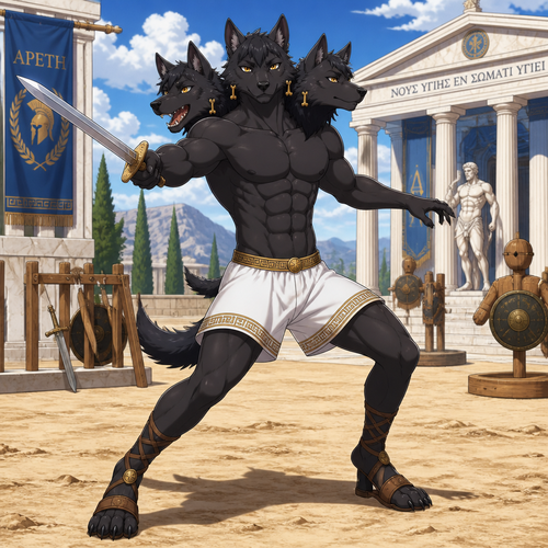 A high school aged male anthropomorphic Cerberus wearing Greek inspired white shorts, shirtless showing off a 16 pack of abs, Greek sandals, and golden bone earrings. He is in a Greek training grounds practicing his sword work. Anime art style, solo, full body.