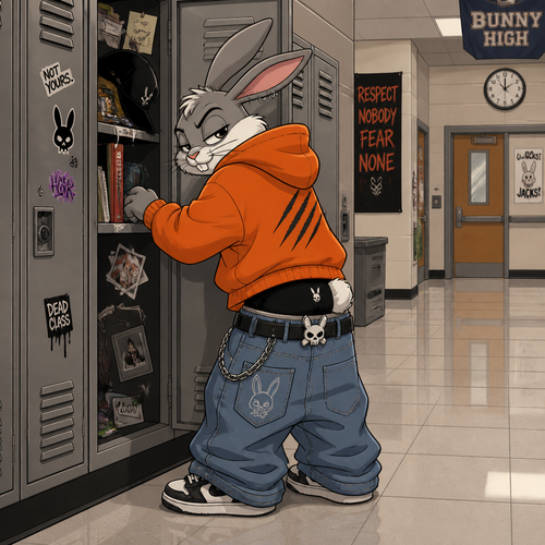 A young male grey and white delinquent rabbit wearing extremely loose jeans with a belt that has a rabbit skull design, black colored underwear that comes up above the jeans waistline, a oversized orange hoodie with a three slash mark design on the front. He is standing in front of an open locker in the hallway of a high school, the locker doesn’t belong to him but he is rummaging through it. Cartoon art style. Full body