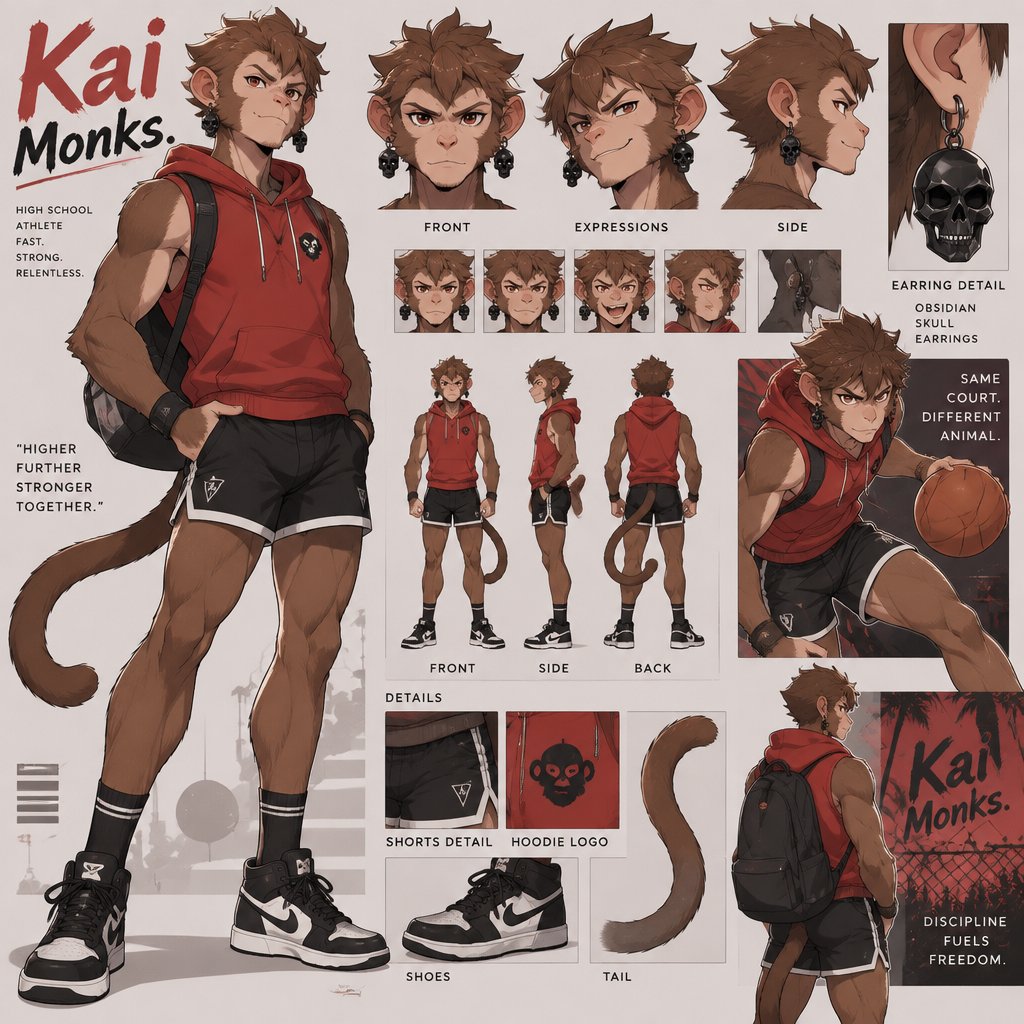 A high school aged male monkey with a tail wearing tight black short sports shorts, red sleeveless hoodie, black and white shoes, and big obsidian skull earrings in both ears. Reference sheet, anime art style, sport theme, with the name of Kai Monks.