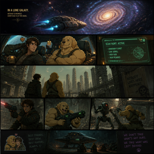 In a lone galaxy, a well-made animated version. In a spaceship, a human pilot/scavenger, and his best friend a thick homosexual anthro gay golden retriever with floppy ears. Both finding themselves on a scavenging hunt and knows how to defend themselves from any threats even some robots. In an abandoned planet unknown in a concrete jungle.
