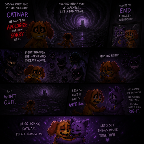In Smiling critters verse, DogDay is here and must find his true soulmate Catnap, wants to apologize for how sorry and set things right. Trapped Into a void of darkness like a bad dream. Wants to end A broken friendship. Fight through the horrifying threats alone. Missis and won’t quit.