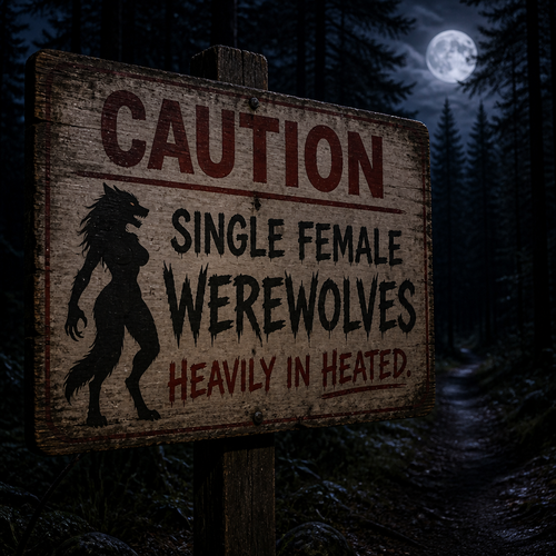 In a forest at night, a warning sign says; caution, single female Werewolves, heavily in heated.
