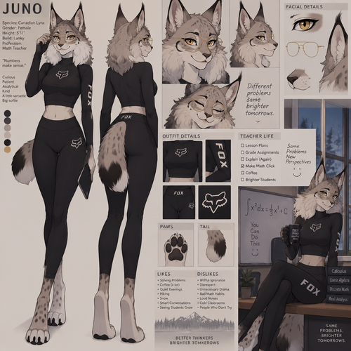 A beautiful lanky female anthropomorphic Canadian Lynx named Juno, her cheek ruffs are very full and fluffy, is wearing a long sleeve black crop top and black leggings, both her crop top and leggings are fox racing brand, wears glasses, her glasses are gold aviator frames, is a math teacher, is in a room alone, animated art style, reference sheet