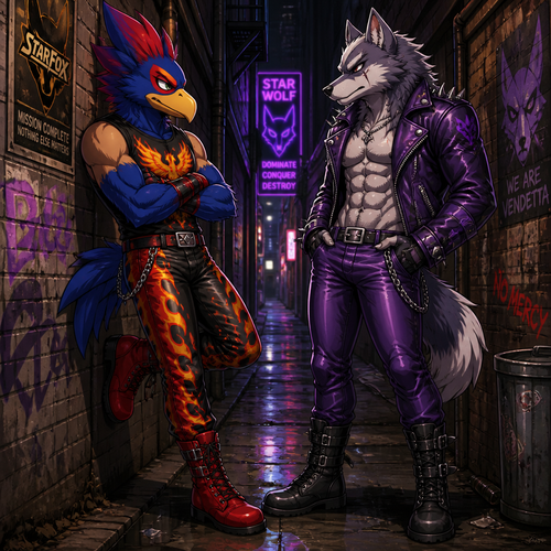 Falco Lombardi wearing fire themed leather pants, Moltres themed sleeveless shirt, red combat boots, and a plumage mohawk hairstyle. He is leaning against a wall in an alley talking to Wolf O’Donnell wearing purple leather pants, no shirt showing off a 16 pack of abs, black boots, and a purple spiked leather jacket. Anime art style, full body.