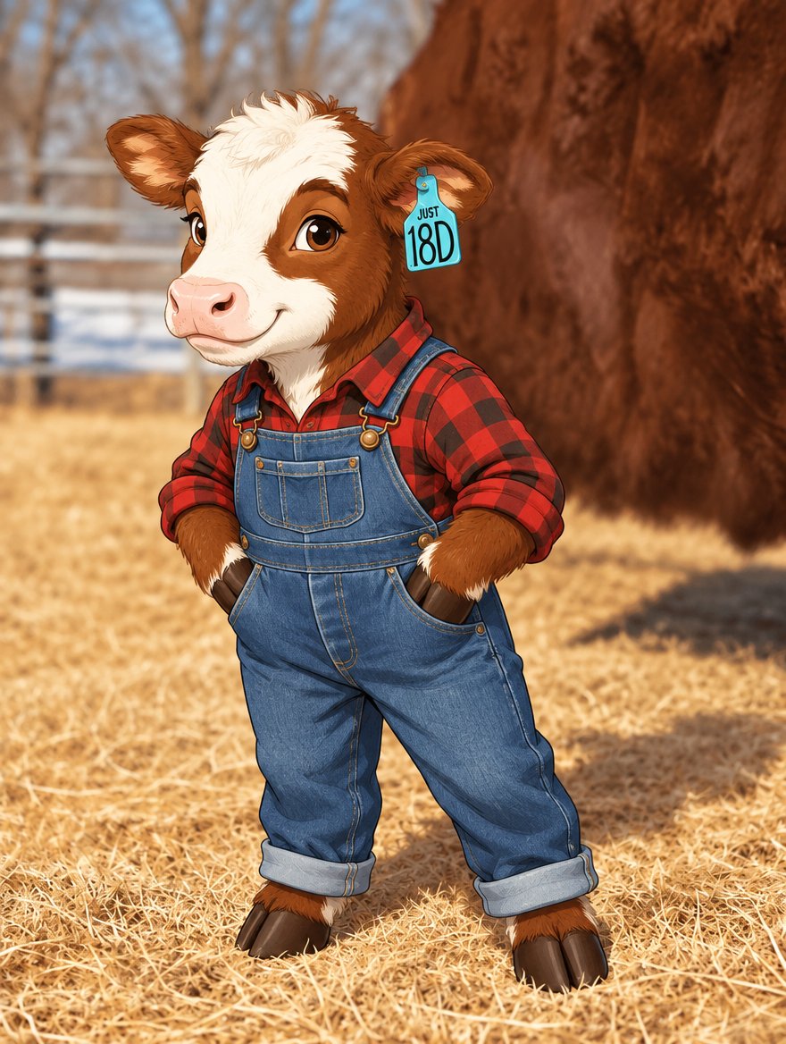 Anthropomorphic calf in plaid shirt and overalls standing in a sunny field.