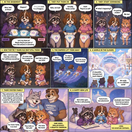 A multi panel comic about a teenage female anthropomorphic raccoon named Jackie, a teenage female anthropomorphic dog named Dash, and a teenage female anthropomorphic cat named Kitty. The comic starts with them is a basement where they find three magic diapers, they don’t know they are magic and decide to put them on. After they put them on they start shrinking to the size of 7 year olds, they talk like 7 year olds but their brains are the same. After they transform the diapers take them float through a window to a world in the clouds where they settle down with a foster family. Everyone in the cloud world wears diapers