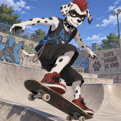 A middle school aged male Dalmatian with a black spot over his eyes that looks like a mask, wearing loose black khaki shorts with a chain hanging onto the right side, a lucario themed sleeveless shirts, red high top shoes, a spiked black leather collar with a ruby paw pendant, and a red mohawk. He is skateboarding in a skate park. Anime art style, solo, full body.