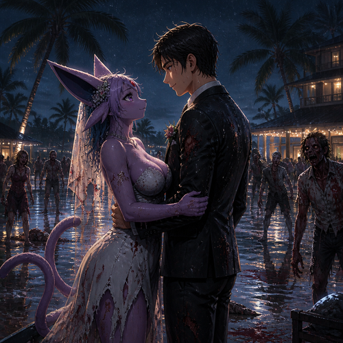 In this reality, at the wedding right before everything was perfect but then after the zombies came crashed and ruined the party became a blood bath. A busty adult female anthro Espeon the bride and her adult human groom as husband and wife stand bye side together and face the living dead at night. A well-made animimated version. A modern life. On a tropical island resort. Gotten all wet by the rain. Love and support each other. Looking at each other with hope and still alive. Side view. 