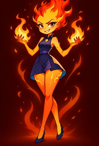 Furry-style fox character surrounded by flames, wearing a purple outfit.