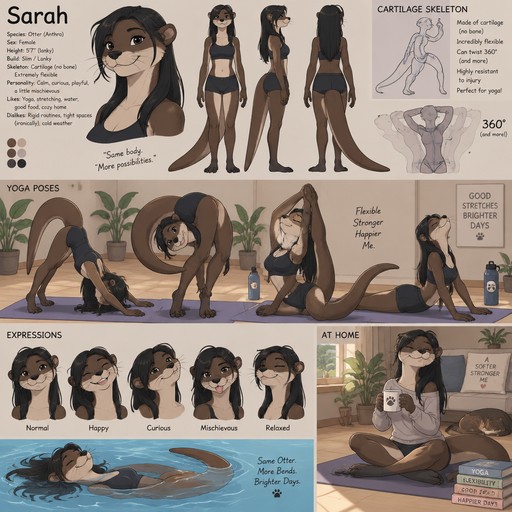A lanky female anthropomorphic otter named Sarah, has a skeleton made of cartilage making her EXTREMELY flexible, is flexible enough to twist herself 360 degrees at the waist (maybe even more) if she wants to, black hair, is at home doing yoga, reference sheet