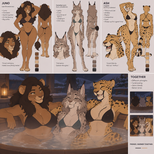 A curvy female anthropomorphic lion named Juno with a dark mane, a lanky female anthropomorphic Canadian lynx, and a tall muscular female anthropomorphic cheetah named Ash relaxing in a hot tub together, animated version, reference sheet