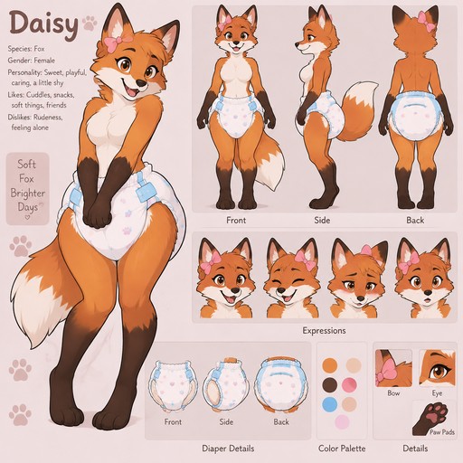 A female anthropomorphic fox named Daisy, wears a big puffy diaper, reference sheet