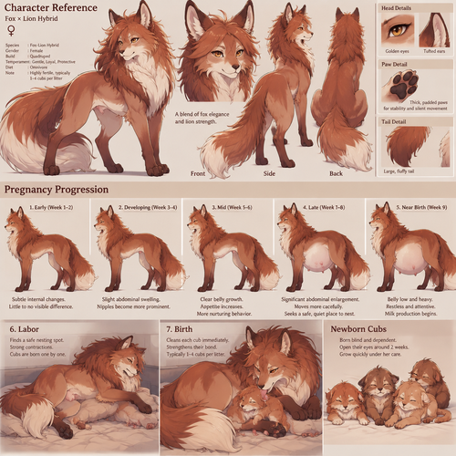 A female quadruped fox lion hybrid, reference sheet, show the progress of pregnancy from beginning to birth, anime art style 