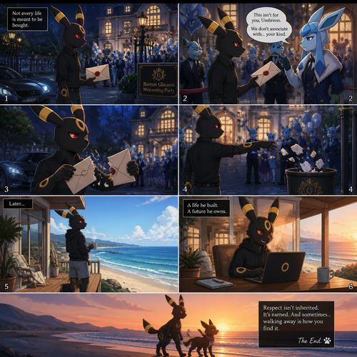 A non-rich grown Umbreon male reject and ripped the envelope and toss it to a trash can of a billionaire Glaceon (the Barron) welcoming party at the city mansion at home. Lives on a small modern house at the beach. Well-made animated version. A good ending. A anthropomorphic verse. Side view.