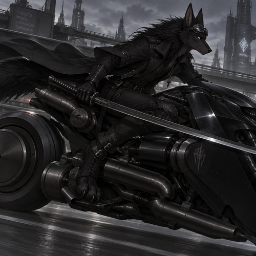 male, black fur, maned wolf, golden eyes, digitigrade footpaws, toned body,goth, wearing a trenchcoat, anime style, riding a black final fantasy advent children motorcycle, side view, holding a black odachi, leaning over the bike, wearing goggles