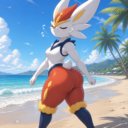 A well-made Pokemon character, Cinderace. Has thick thighs and round buttocks. Walking around on a beach. Having a nice day and a nice breeze. Wireless earbuds and listening to music. Eyes closed and humming.