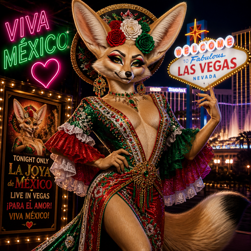 A well-made grown homosexual (male character) Fennec Fox who’s gorgeous drag queen in Las Vegas for the love of Viva Mexico.