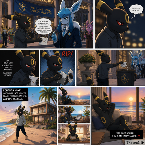 A non-rich grown Umbreon male who change his mind while reject and ripped the envelope and toss it to a trash can of a billionaire Glaceon (the Barron) welcoming party at the city mansion to look bad. Chooses a home. Lives on a small modern house at the beach. Well-made animated version. A good ending. A anthropomorphic verse. Side/front view.