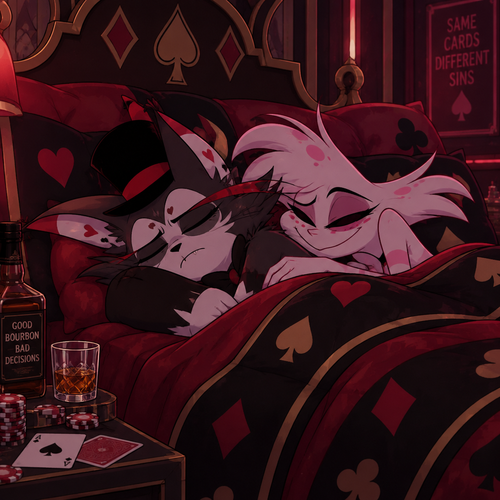 Husker from Hazbin Hotel sleeping on a poker themed bed. Sleeping next to home is Angel Dust from Hazbin Hotel.