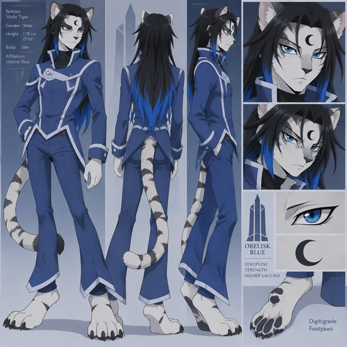 male, anthro, white tiger, long black hair with bright blue tips, black crescent on forehead, blue eyes, digitigrade footpaws, Obelisk Blue outfit, yugioh gx style, slim