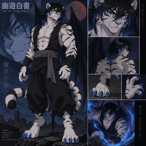Male, anthro white tiger, digitigrade footpaws, thick black hair with blue tips, blue eyes, Muscular, Demon, Bright blue claws, Yu Yu Hakusho