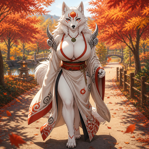 Amaterasu (a well-made busty anthro female wolf character) is wearing a robe and taking a walk on an autumn park. Well Animimated version. Front-shot view.