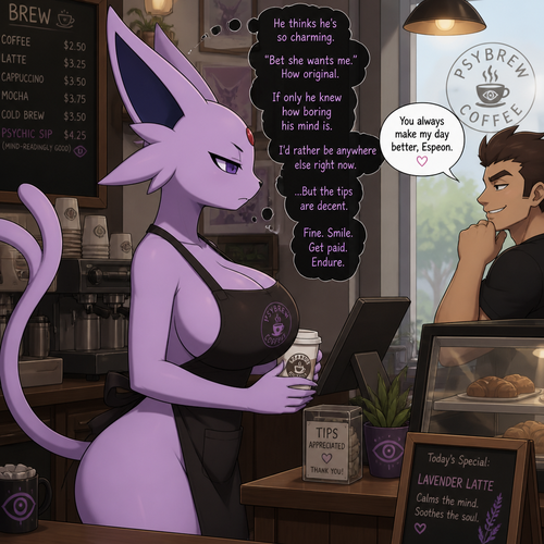 A well-made busty female Espeon that wears an apron who works at the coffee place and can read minds to some confident customers and likes her while having a silently bad mood in her thoughts. In an animated verse. Side view. 
