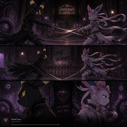The two well-made anthropomorphic grown male characters, A Umbreon and a Sylveon who’s been fighting and arguing each other with a sword’s battle. A sad broken relationship. Inside the cursed building that is easily a trap, the Lovecraft Hotel and it’s more than just haunted. Anger and sadness including frustration. Animated version. Side view. Wears different clothing and gear. Music playing, Escape the fate; Broken Heart.