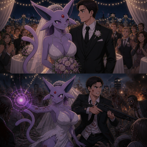 In this reality, at the wedding right before everything was perfect and then after the zombies crashed the party. A busty adult female Espeon the bride and her human groom as husband and wife stand together and face the living dead at night. A well-made animated version. A modern life.