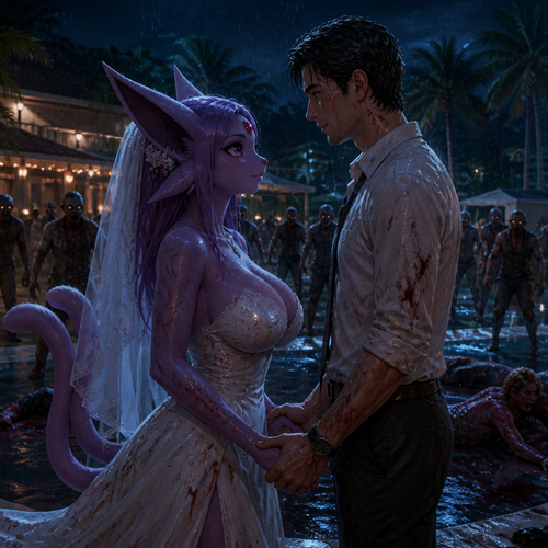 In this reality, at the wedding right before everything was perfect but then after the zombies came crashed and ruined the party became a blood bath. A busty adult female Espeon the bride and her adult human groom as husband and wife stand bye side together and face the living dead at night. A well-made animimated version. A modern life. On a tropical island resort. Gotten all wet by the rain. Love and support each other. Looking at each other with hope and still alive. Side view.