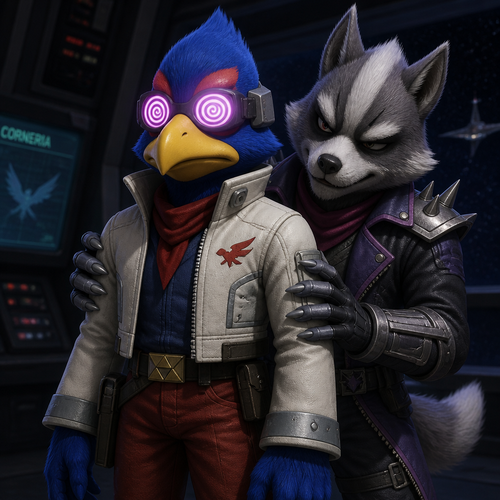 Falco Lombardi standing up straight in his normal uniform. The only non normal part of his clothing is the active hypnosis glasses he is wearing that are hypnotizing him. Behind him smirking is Wolf O’Donnell. Wolf is rubbing his hands up and down Falcon’s arms.