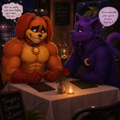 DogDay, a well-made grown anthro smiling critter (a leader of the smiling critters) with buff body and nervous about on a date with his boyfriend, Catnap (the smiling critter and pretty).