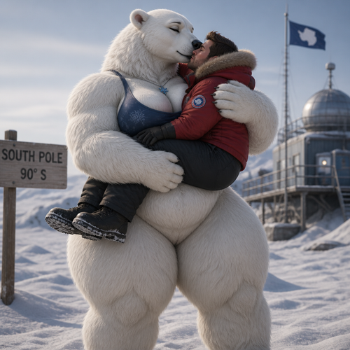 A busty well-made lovely anthro female polar bear that has thick thighs and thick fur who lives in a South Pole. Picks up a man and Giving him a gentle bear hug for warmth and a kiss while standing.