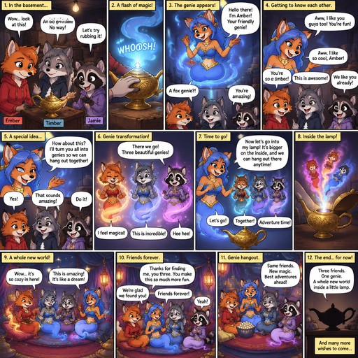 A multi panel comic (between 12 and 16 panels) about a teenage female anthropomorphic fox named Ember a teenage female anthropomorphic wolf named Timber and a teenage female raccoon named Jamie. It starts with them in a basement finding a genie lamp and rub it then a female anthropomorphic fox genie comes out, the genie has a blue tail and is named Amber and looks teenage age. After a little while they become friends and Amber turns everyone into genies and they go into her lamp and hang out together, animated style